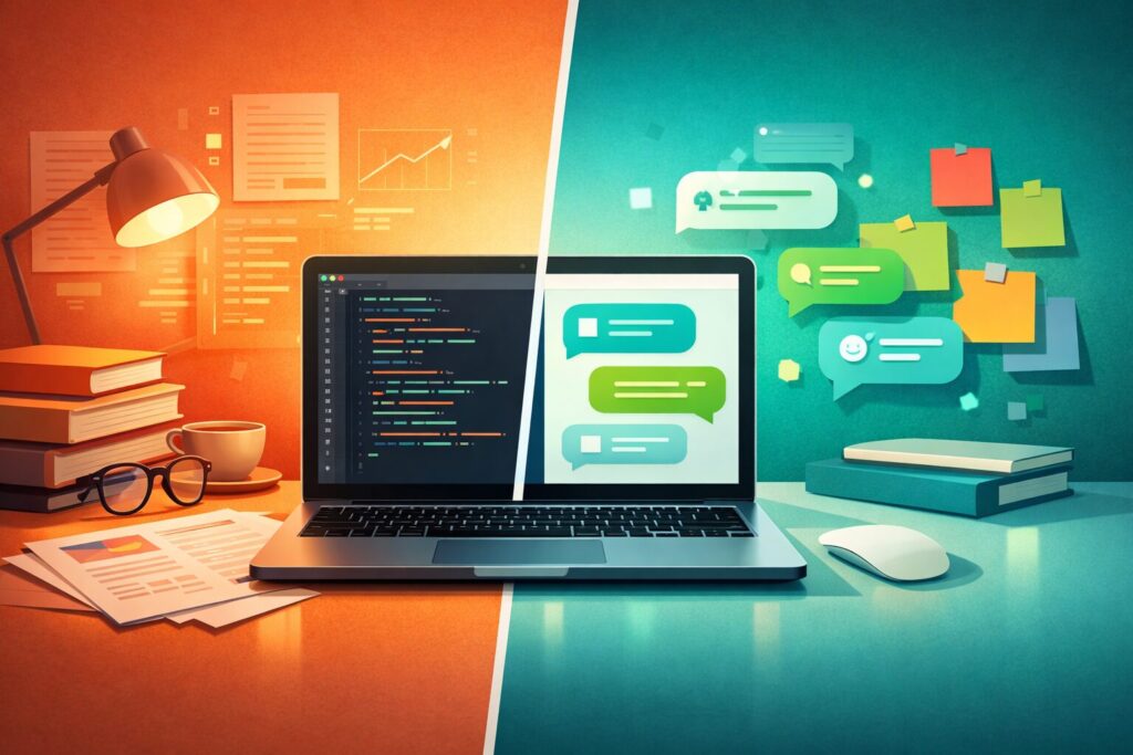 Split-screen illustration comparing two AI assistants, one analytical and one conversational, shown on a modern laptop workspace.