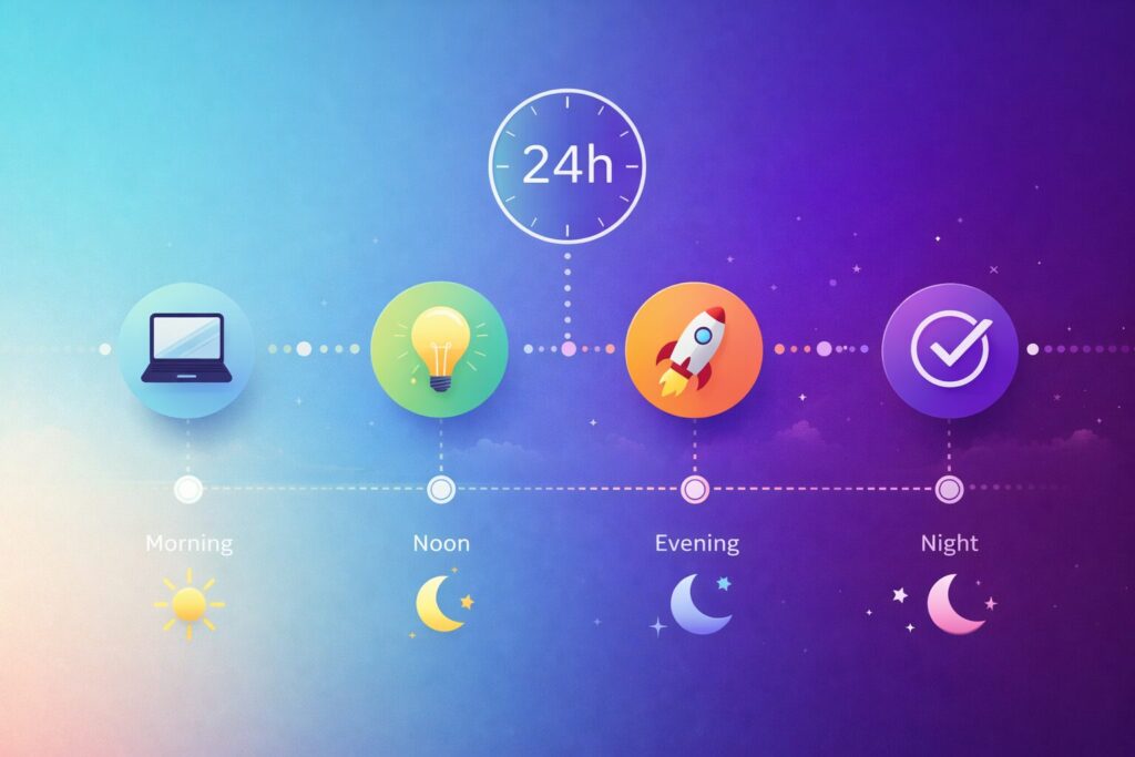 Visual roadmap showing a 24-hour journey timeline with icons for laptop, idea, launch, and completion across a blue-to-purple gradient.