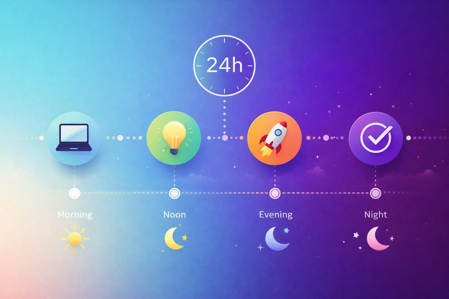Visual roadmap showing a 24-hour journey timeline with icons for laptop, idea, launch, and completion across a blue-to-purple gradient.