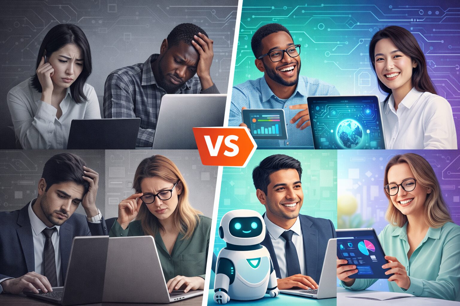 Split-screen before-and-after image of diverse professionals overwhelmed by work compared to confidently using AI tools in a modern workspace.