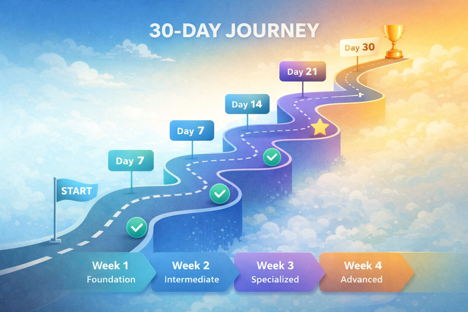 Visual roadmap showing a 30-day journey as a winding path from Day 1 to Day 30, with weekly milestones and progress icons.