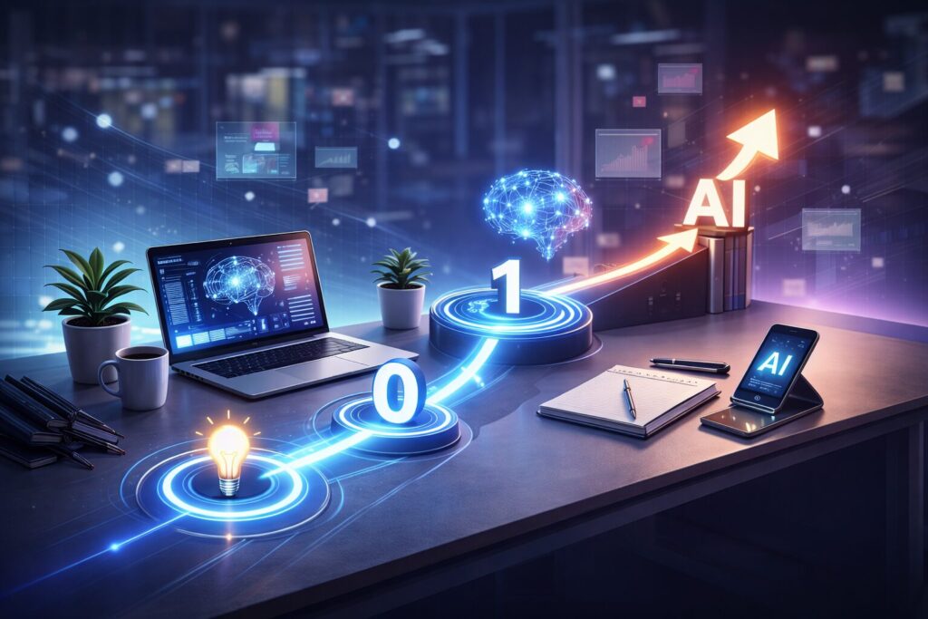 Photorealistic workspace showing a glowing path from zero to AI, representing practical AI adoption and real-world workflows.