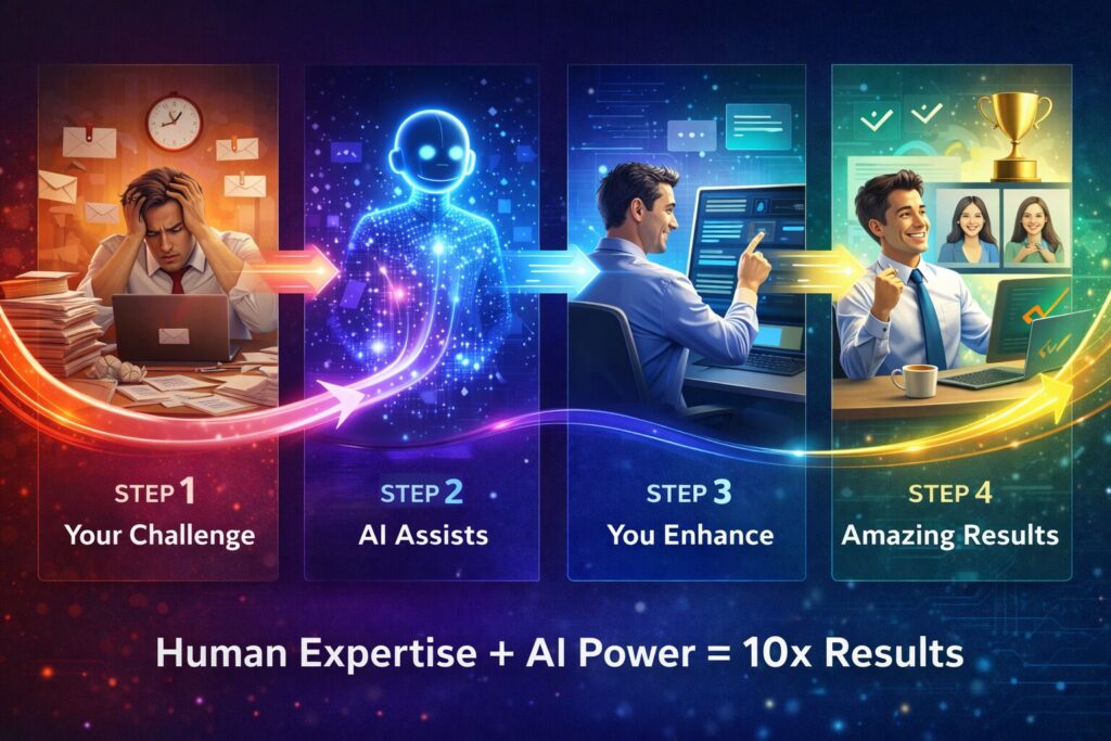 Photorealistic 4-step AI workflow infographic showing a professional moving from stress to success with AI assistance.